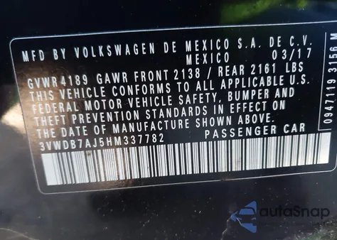 2017 Volkswagen Jetta 1.4T Se z USA, uszkodzony, nr VIN 3VWDB7AJ5HM337782